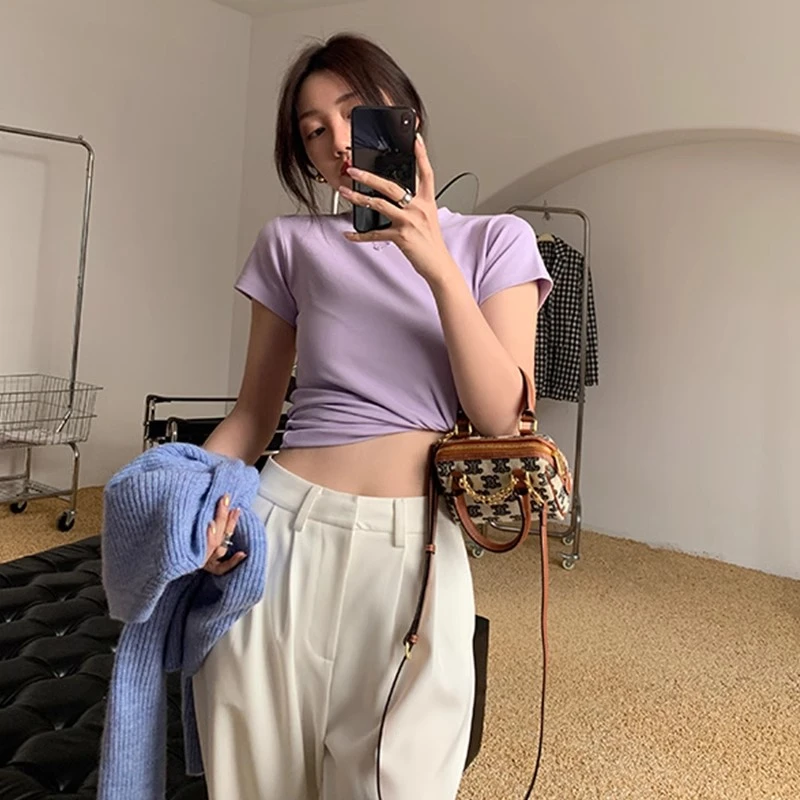 欧美正肩短袖t恤女2024纯色夏季修身显瘦百搭圆领体恤小衫上衣女