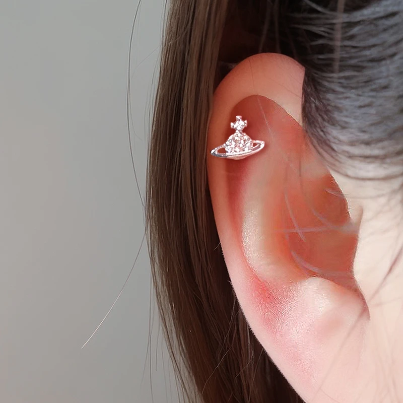 925银合成锆石耳饰 星球耳骨钉纯银针螺丝拧扣养耳洞耳蜗钉耳钉