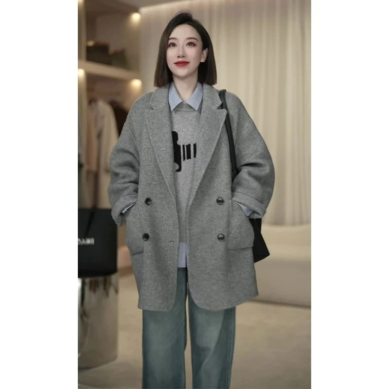 2024秋冬新款浅灰款休闲短款大衣新款时尚戗驳领毛呢外套大衣女