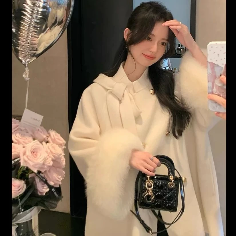 2024秋冬新款温莎千金蝴蝶结双面尼大衣高级感袖套毛呢外套