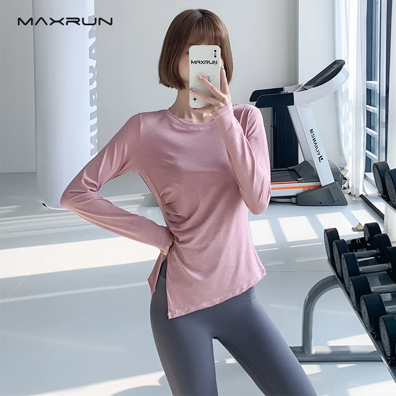 maxrun大码健身服修身显瘦瑜伽服女长袖运动上衣跑步速干T恤秋B38