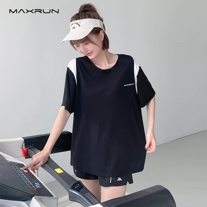 Maxrun大码瑜伽服运动T恤宽松微胖健身服短袖夏季跑步速干上衣C55