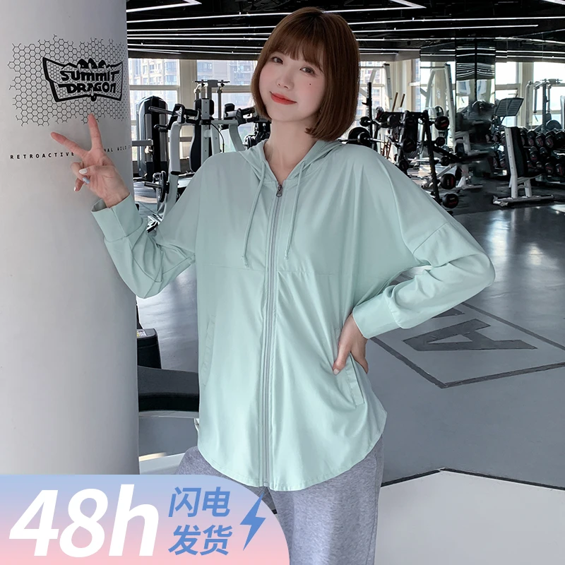 大码健身服连帽运动外套微胖运动服宽松长袖瑜伽服上衣夏季薄D11