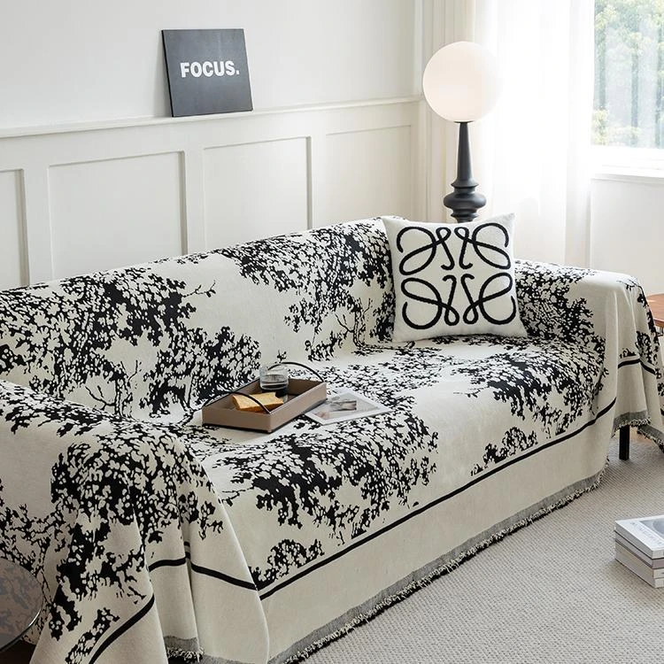 （杨梅树）雪尼尔沙发盖布四季通用黑白复古风沙发巾皮沙发毯巾