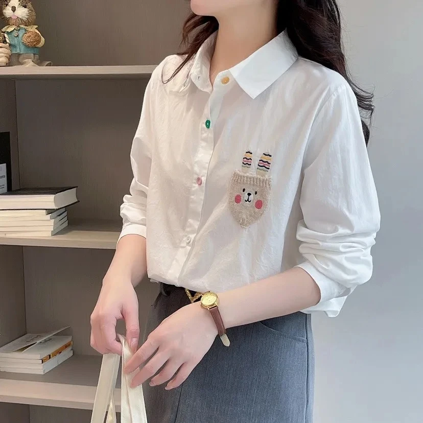 春季新款文艺设计感小众长袖白衬衫女士显瘦时尚宽松韩版打底衬衣