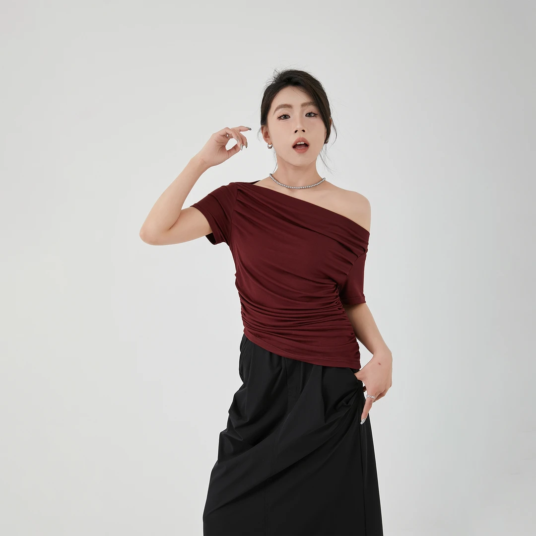 T-GEY【水涟涟】一字肩荡领抽皱短袖T恤