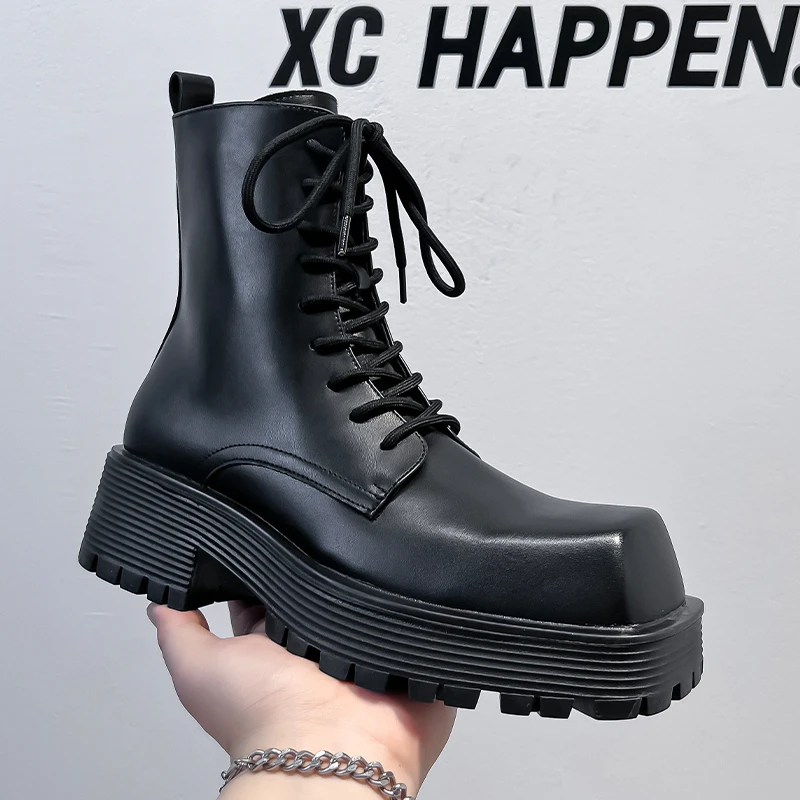 秋冬加绒黑色英伦风高帮中筒男马丁靴厚底增高耐磨潮流休闲百搭