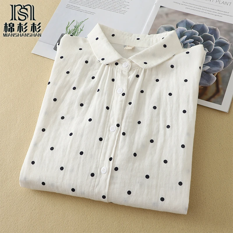 尖领 圆领 可选 双层棉纱面料 长袖圆点波点衬衫女 白色纯棉衬衣