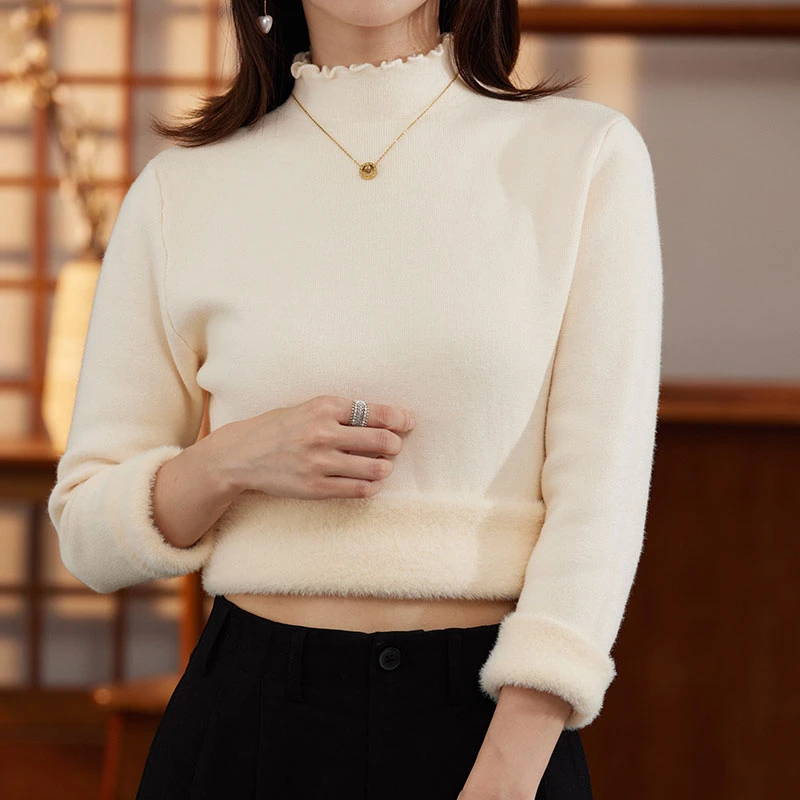 超软糯安迪绒~冬季加厚女士半高领花边针织衫长袖百搭秋冬毛衣