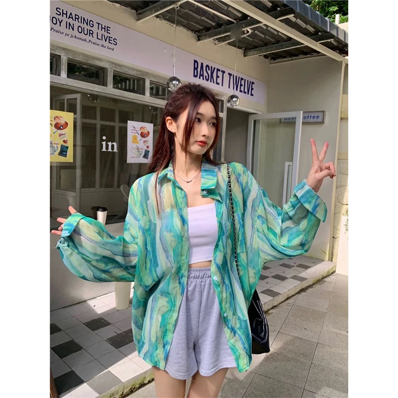 2025新款开衫女夏季薄款绿色衬衫外套小众外搭复古港风长袖上衣