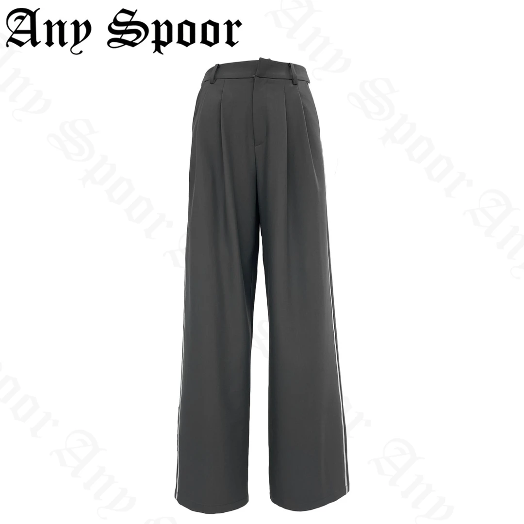 【ANYSPOOR】百搭女士黑色直筒宽松设计师高腰时尚直纹休闲裤30A