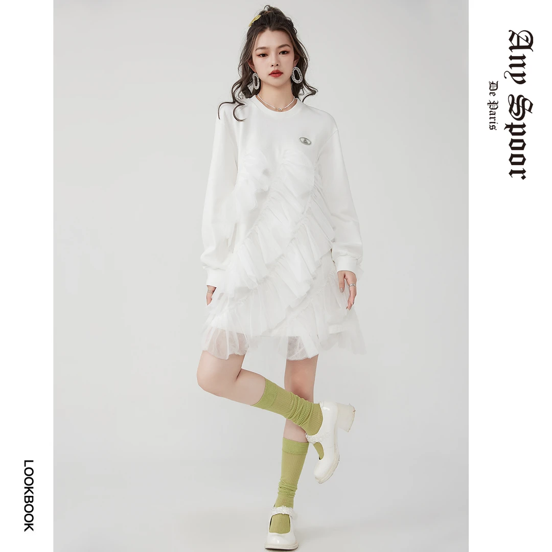 【老板娘夏天】白色女士圆领时尚不规则休闲新拼接连衣裙春季60B10