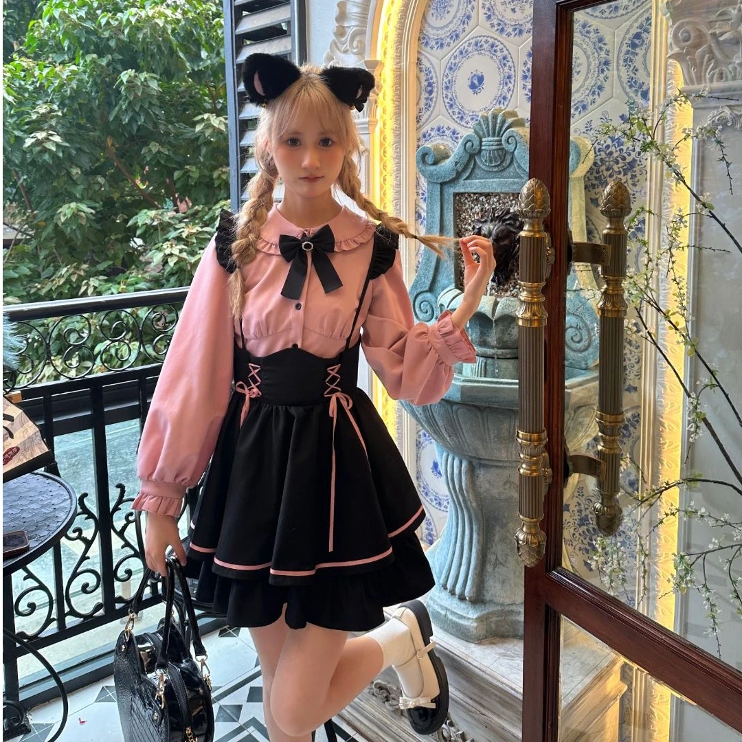 啦啦酱JK 初樱黑粉少女秋季显瘦背带裙地雷系长袖套装裙子日系