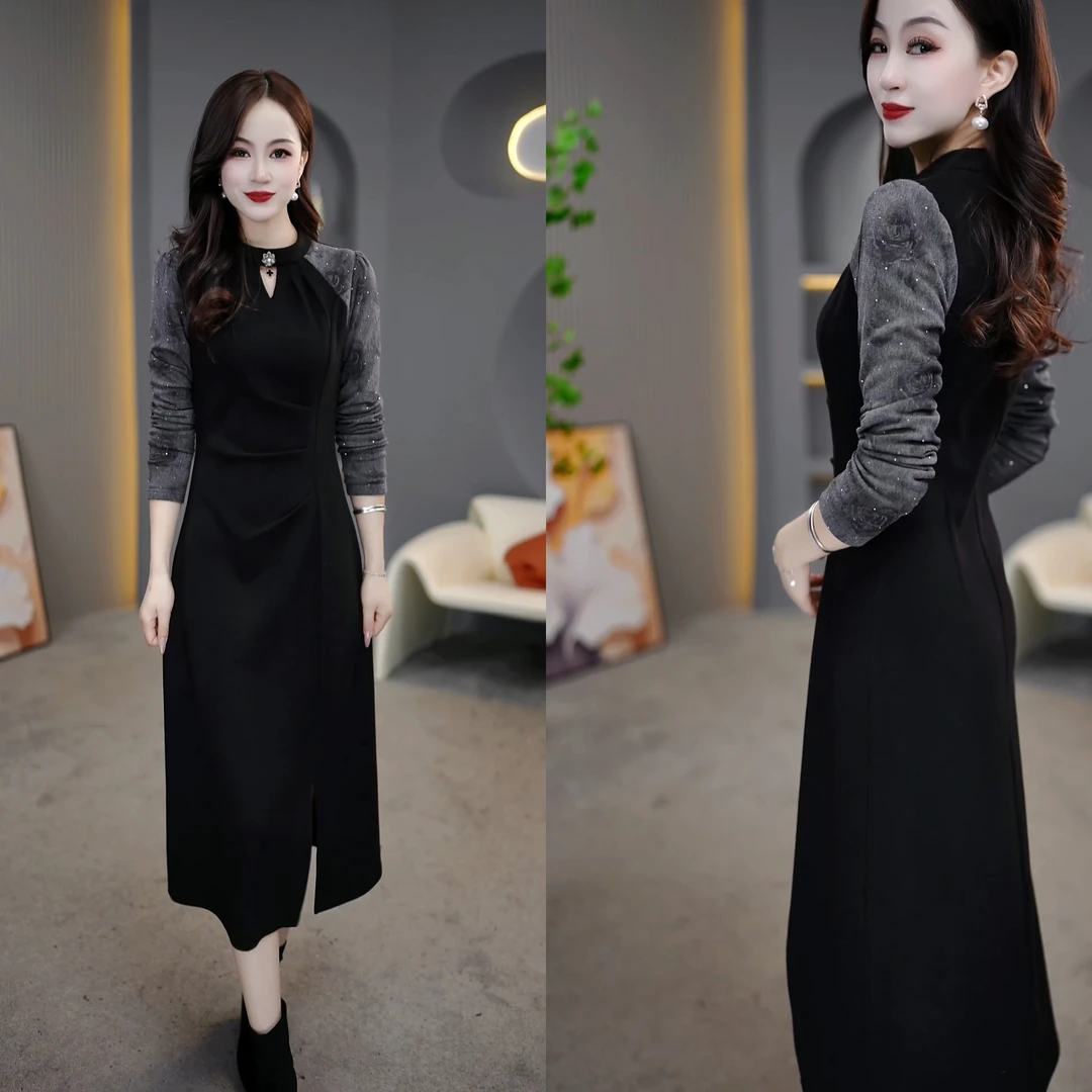2024秋冬款气质长袖时尚黑色修身显瘦打底女装连衣裙M-4XL
