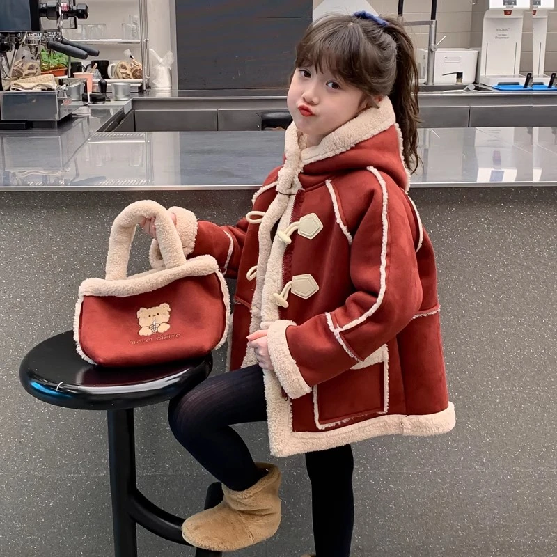 女童女孩加绒外套2025新款一体绒保暖冬装加厚儿童皮毛一体上衣