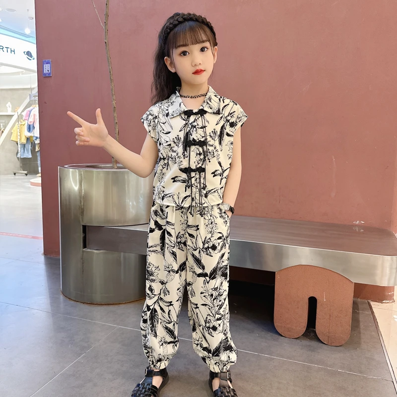 女童夏季套装2025新款民族风女孩洋气水墨画时尚薄款雪纺两件套潮