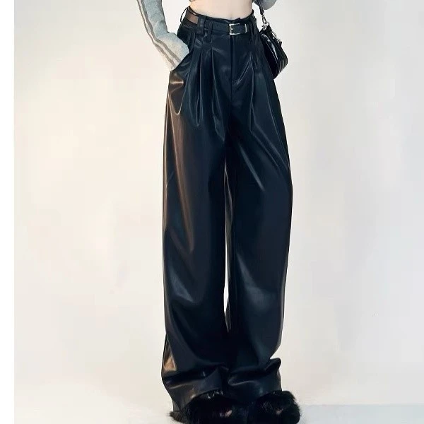 复古美拉德咖啡色高腰女2023秋冬新款大摆PU皮设计感阔腿裤拖地裤