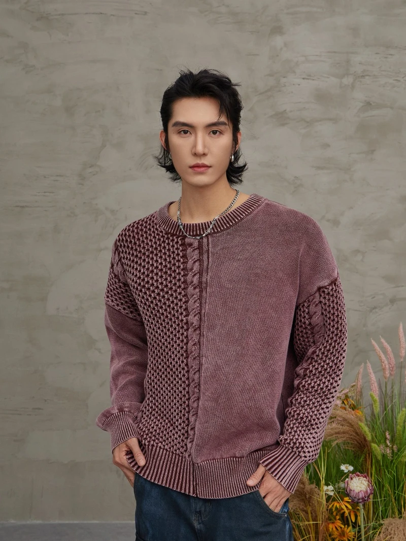 秋冬季新款美式复古做旧拼接圆领针织长袖韩版百搭宽松时尚上衣