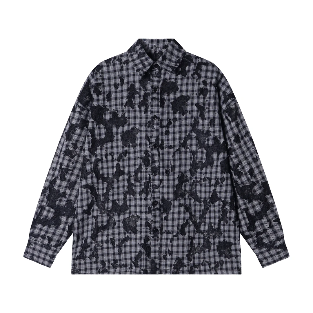 CS198秋季美式复古蕾丝镂空格纹格子休闲宽松衬衫长袖透气男女