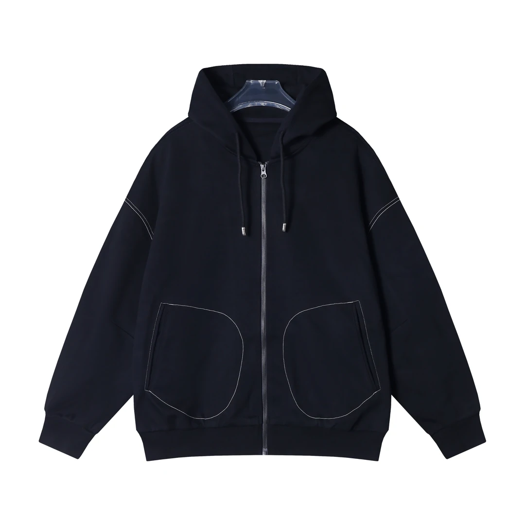 秋冬季新款时尚个性纯色明线连帽拉链外套卫衣休闲百搭宽松上衣