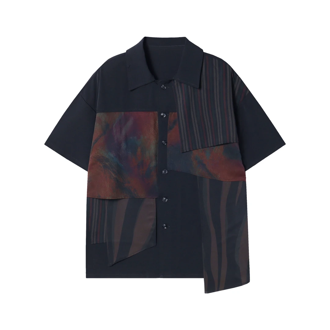 CS100时尚潮流拼接男士衬衫小众宽松印花短袖复古设计个性上衣