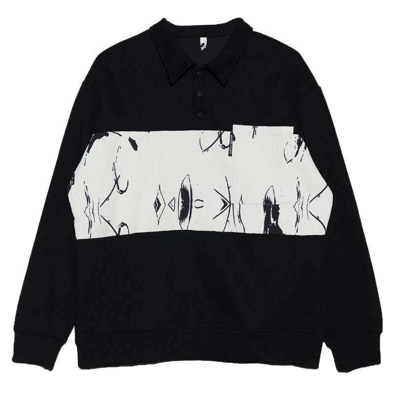 WY194秋冬季男上衣polo领卫衣长袖时尚宽松秋冬撞色个性拼接图案