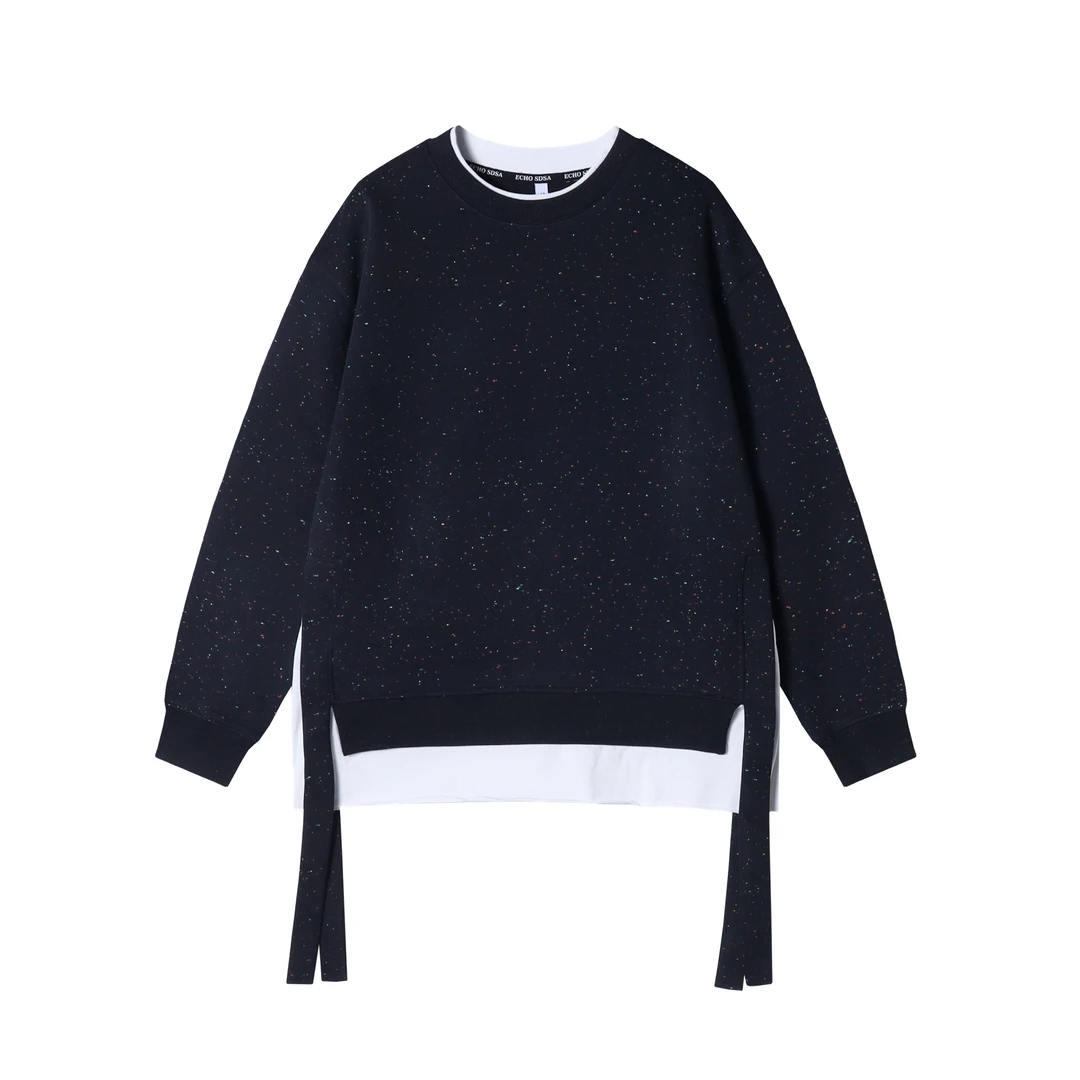 秋冬新款黑白撞色时尚设计圆领套头男士装饰性潮流时尚卫衣