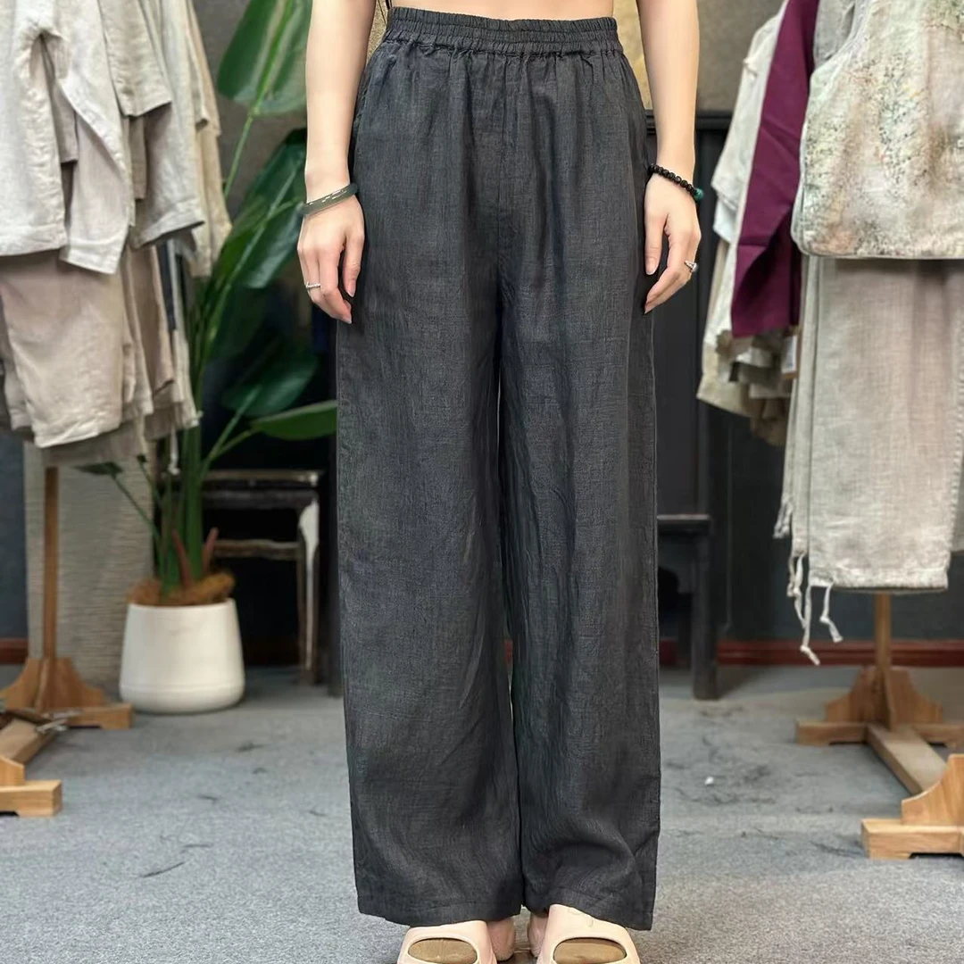 【老钱风】纯汉麻色织黑女士休闲裤大直筒版型帅有型酷