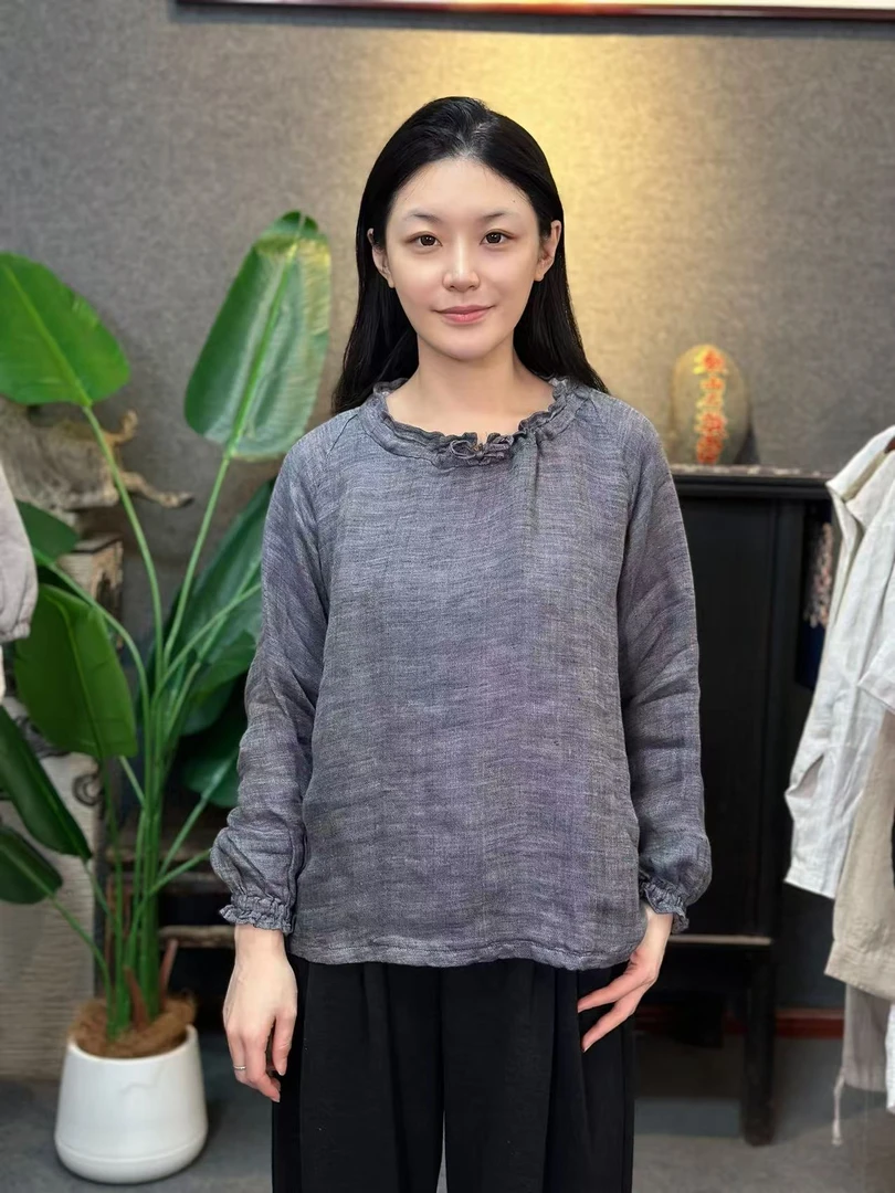 【云朵】重工纯亚麻稀疏抽褶皱长袖衬衫贴身穿保暖透气9391