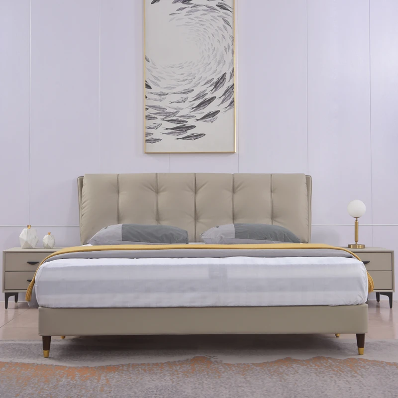 主卧真皮床轻奢大床头层牛皮现代简约婚床美式家用创意北欧极简
