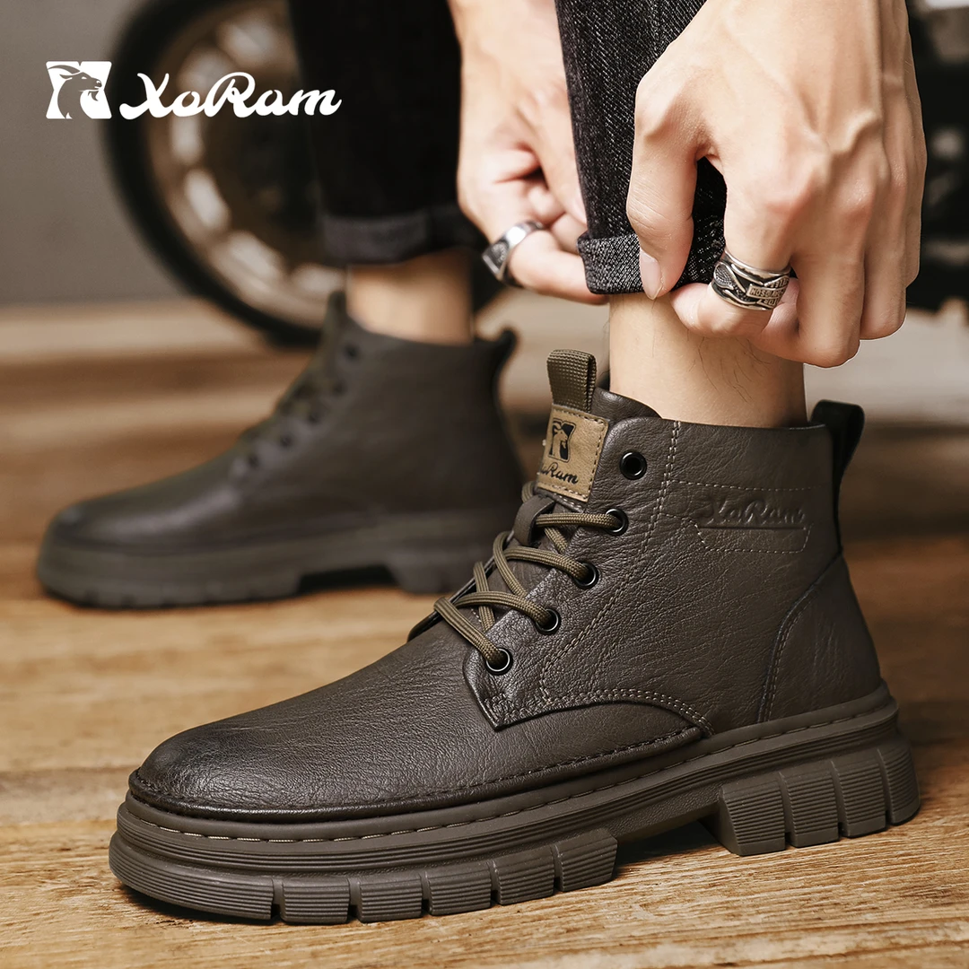 西部公羊冬季男士时尚百搭潮鞋加绒英伦风机车鞋中筒男马丁靴保暖