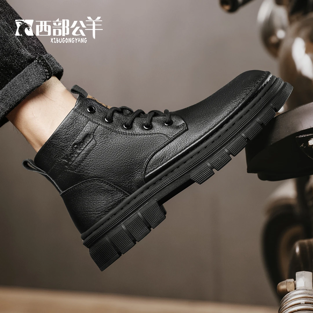 西部公羊马丁靴中高帮男士手工英伦商务圆头工装靴皮靴休闲马丁靴