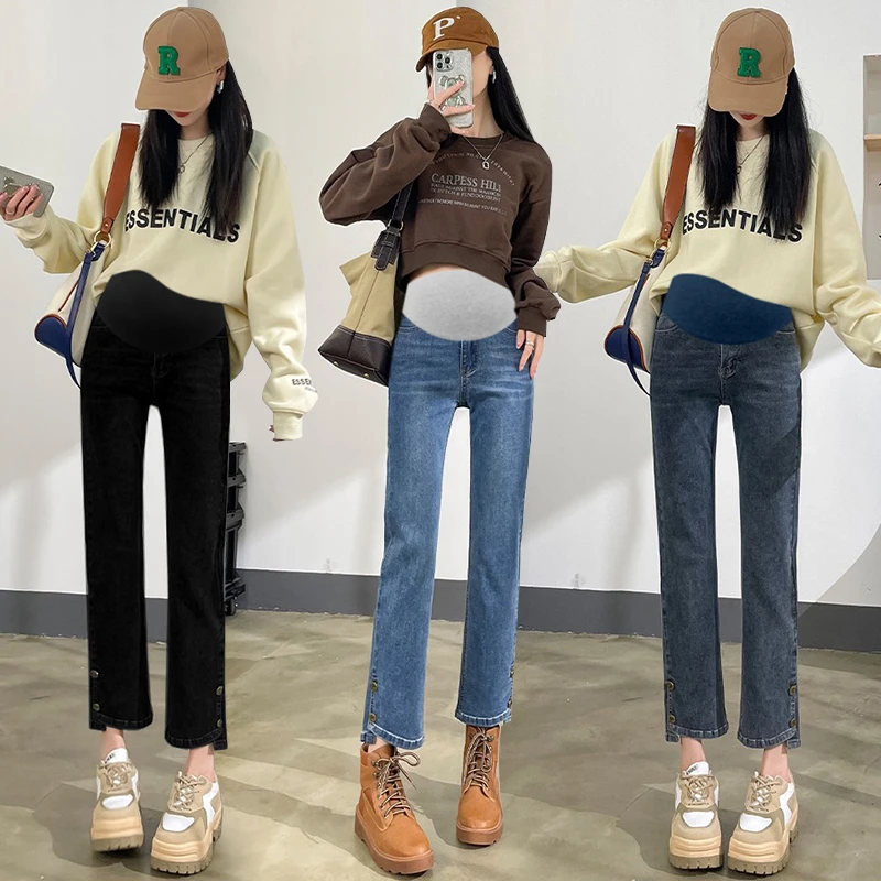 孕妇牛仔裤秋冬新款外穿九分直筒裤时尚高弹显瘦加绒加厚孕妇裤