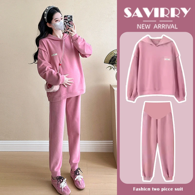 孕妇套装秋装时尚宽松网红连帽卫衣+托腹卫裤两件套休闲套装春秋
