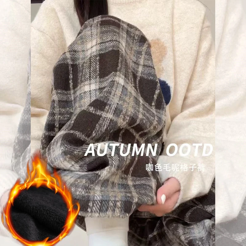 孕妇阔腿裤秋冬新款加绒加厚格子裤高腰垂感休闲直筒裤孕妇裤潮妈