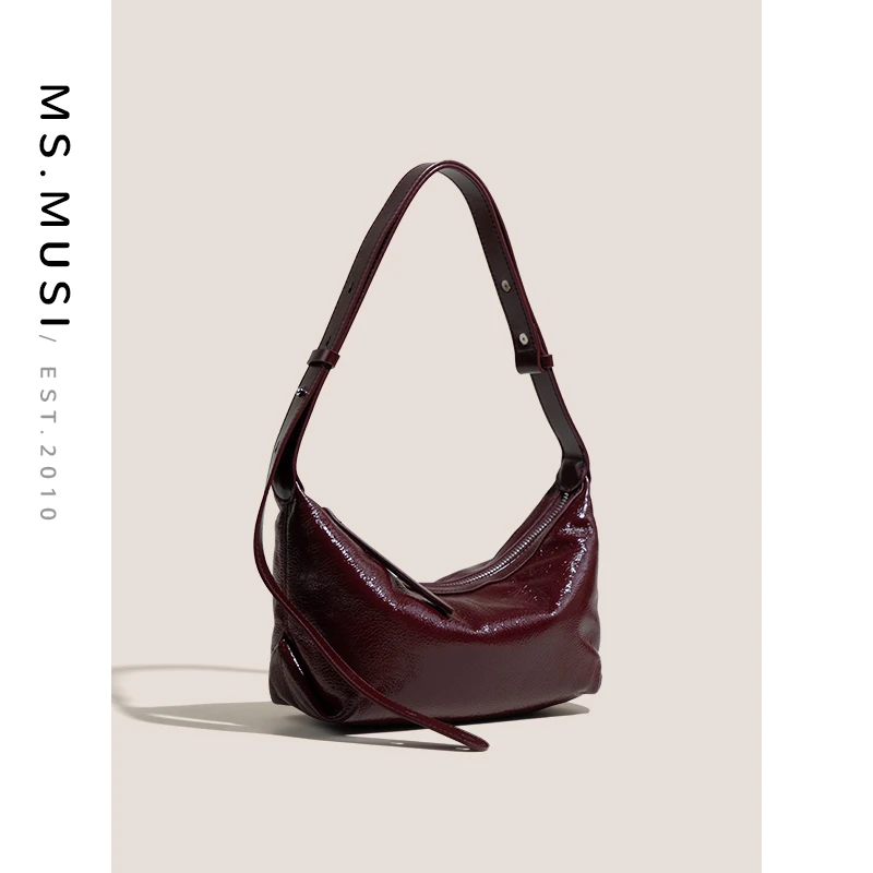 ms.musi头层牛皮小众简约腋下单肩红色女士气质油蜡斜跨包#99088