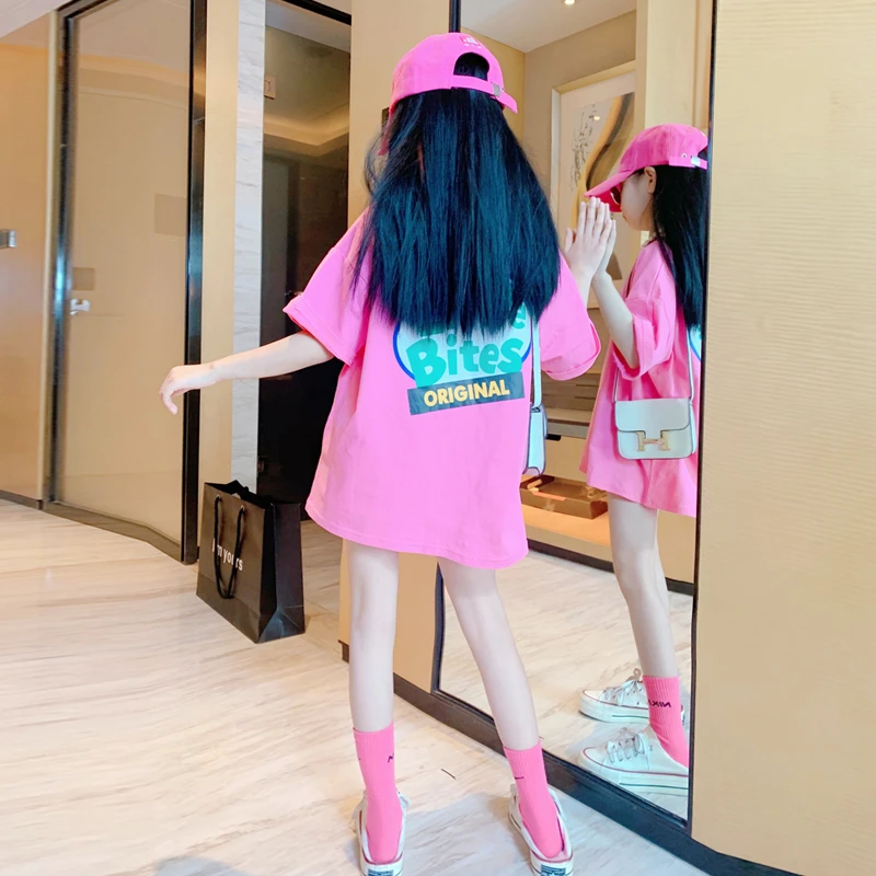 【100%纯棉】女童短袖t恤儿童中长款大童洋气宽松夏装炸街上衣潮款