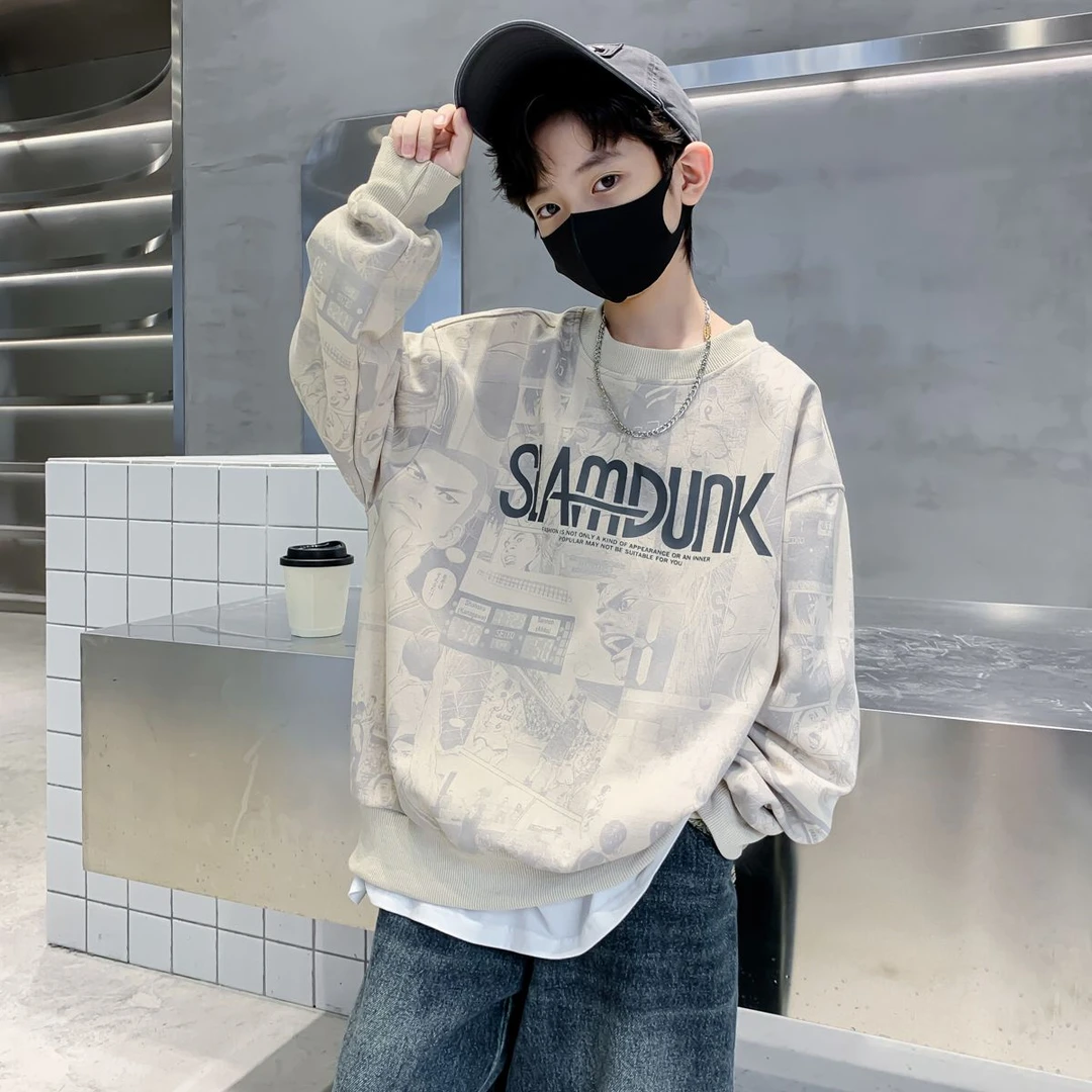 男童圆领卫衣2024新款中大童洋气男孩秋冬时髦帅气炸街上衣潮