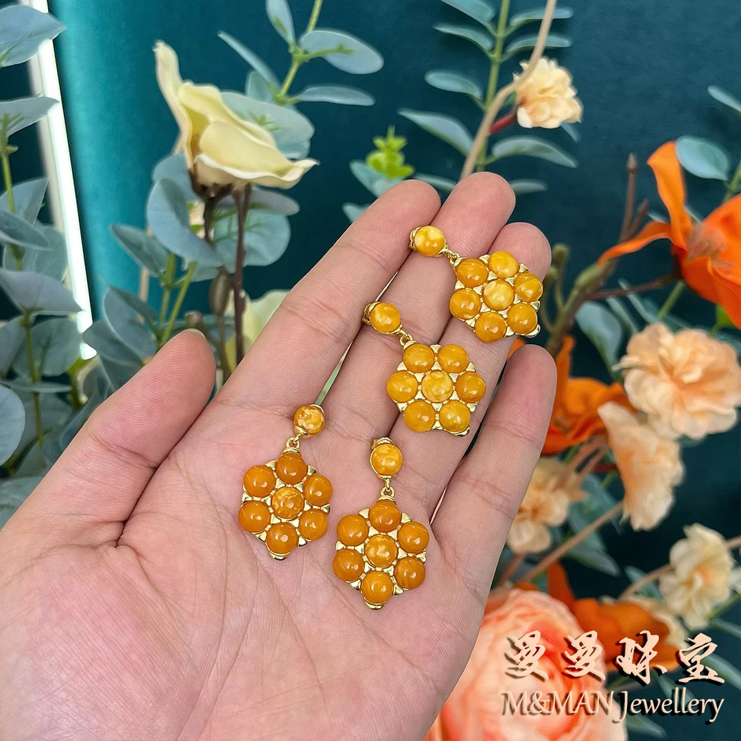 曼曼珠宝蜜蜡太阳花耳钉（随机发1件）