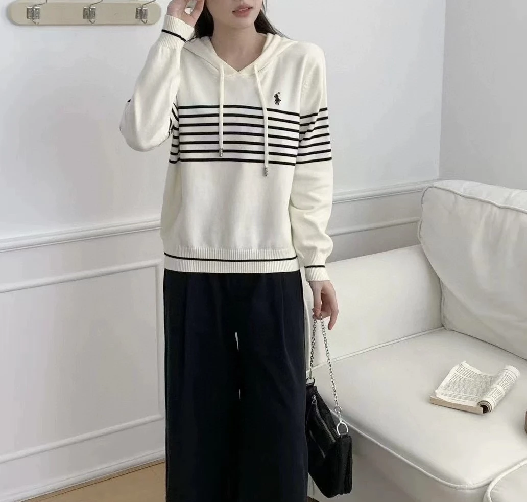 新款设计感条纹连帽针织衫宽松慵懒风上衣