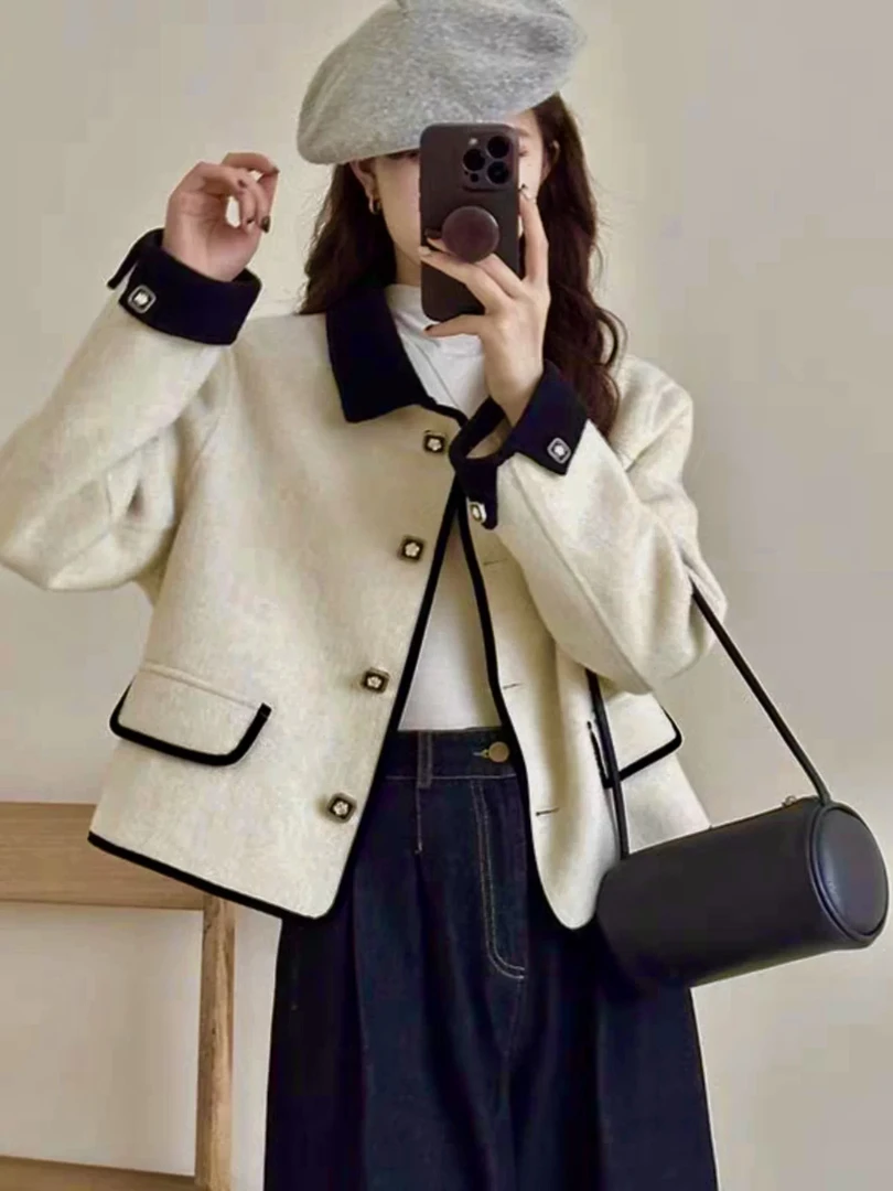 名媛小香风金属扣双面毛呢设计感高级气质外套