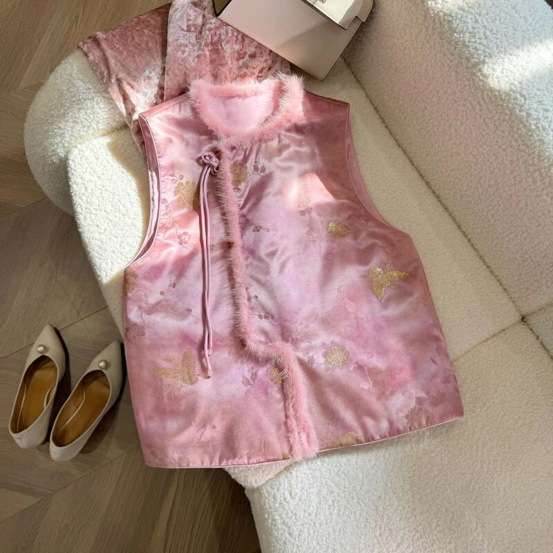 主播推荐《蝶舞》冬季时尚百搭显瘦中国风重工桑蚕丝织金马甲3121