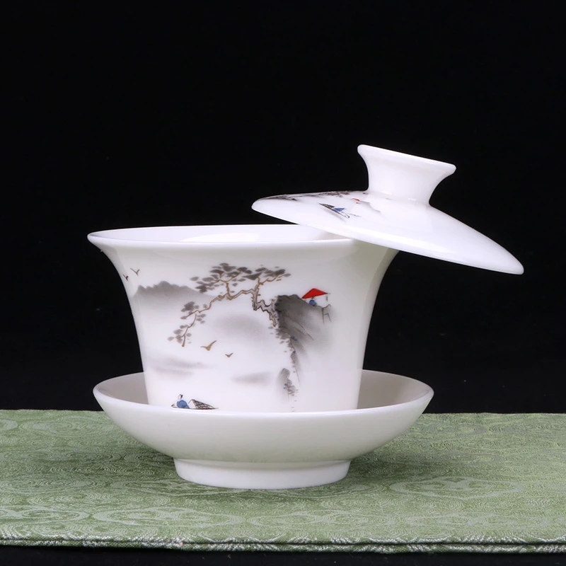 三才悬停盖碗羊脂玉瓷创意中式手工瓷盖碗简约复古带盖茶道盖碗