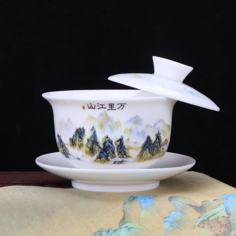 茶具摆件羊脂玉悬停三才盖碗中式手工瓷盖碗带盖陶瓷简约茶盖碗