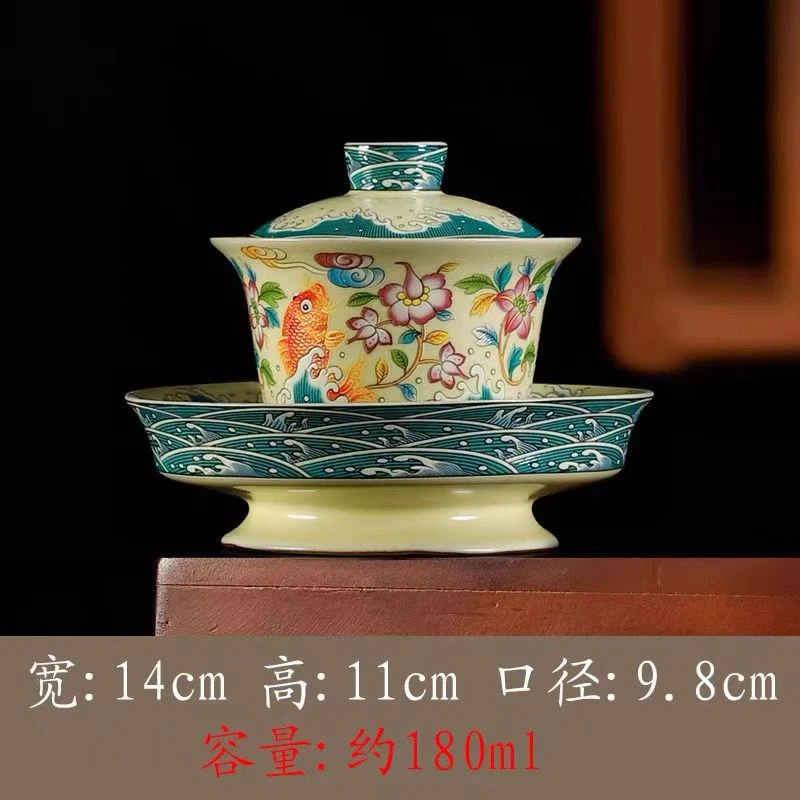 陶瓷盖碗满花满彩汝窑盖碗中式复古手工茶道茶具摆件三才盖碗