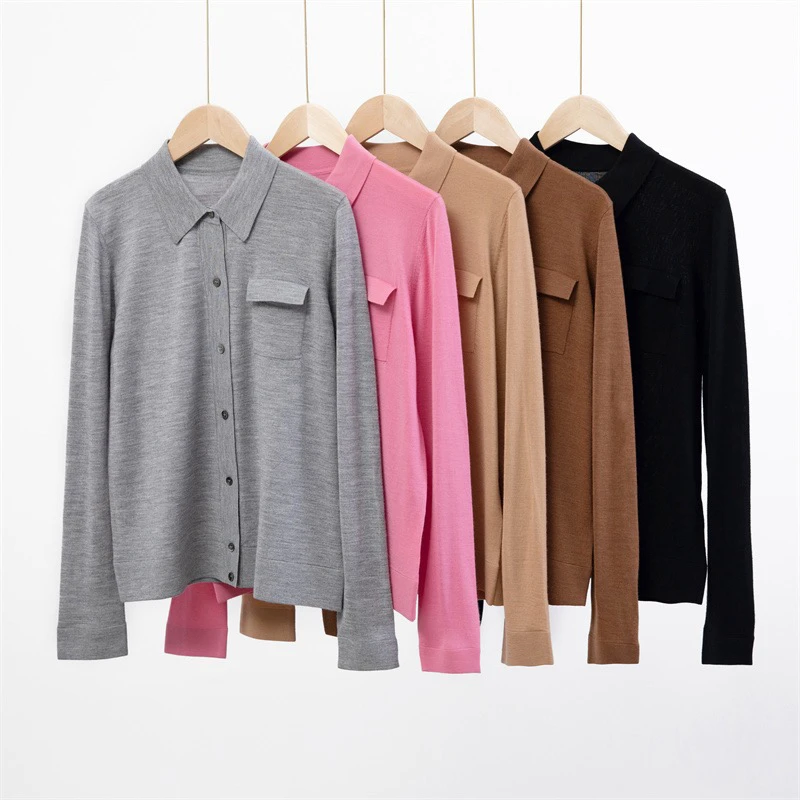 【扬子纱-】POLO领女士针织衬衫长袖百搭休闲