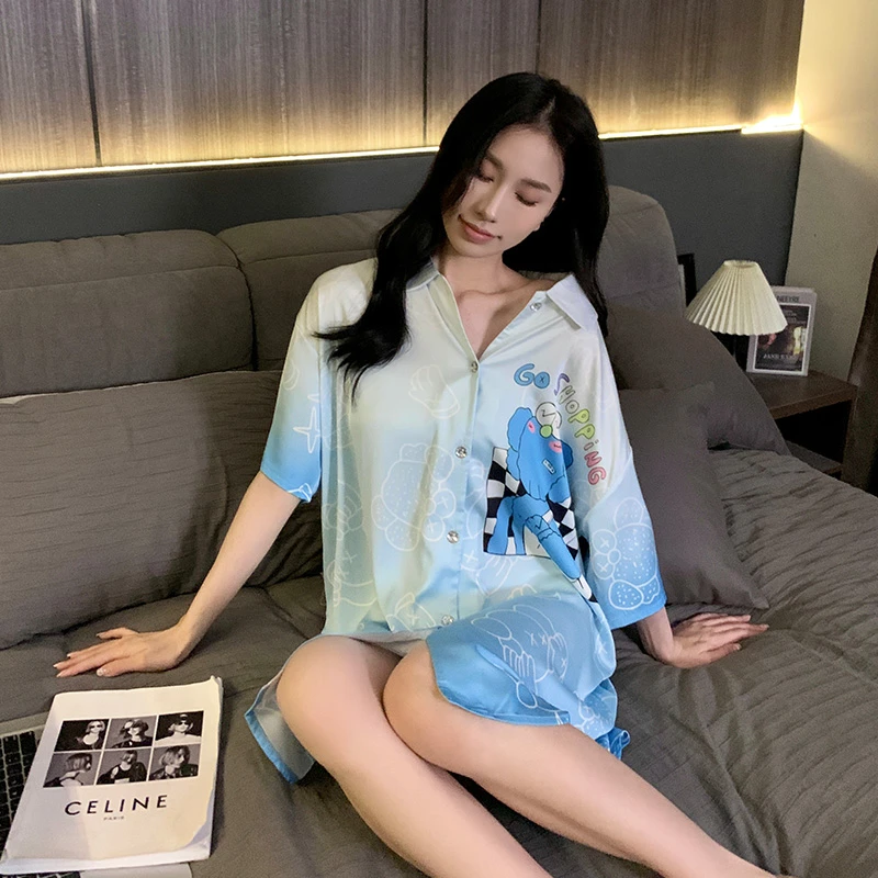 夏季冰雪软丝卡通可爱开衫短袖女款睡裙21309