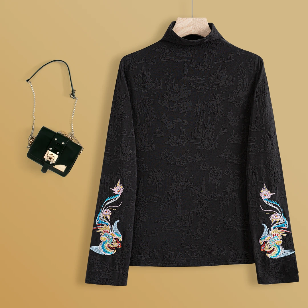 【高定款】秋冬款长袖T恤百搭半高领加厚国风刺绣打底新中式小衫