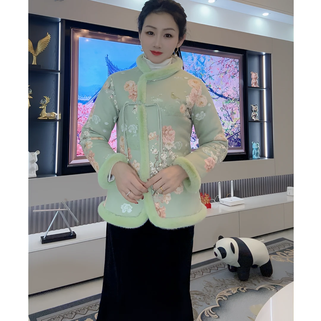 冬季新款小花袄加绒加厚中国风盘扣国潮保暖上衣外套2024