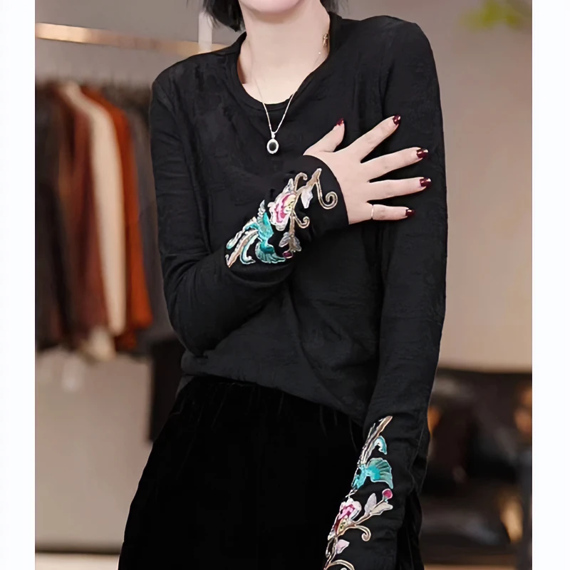 【佈衣高定】新款刺绣浮雕提花高弹力新中式百搭长袖气质国风打底衫